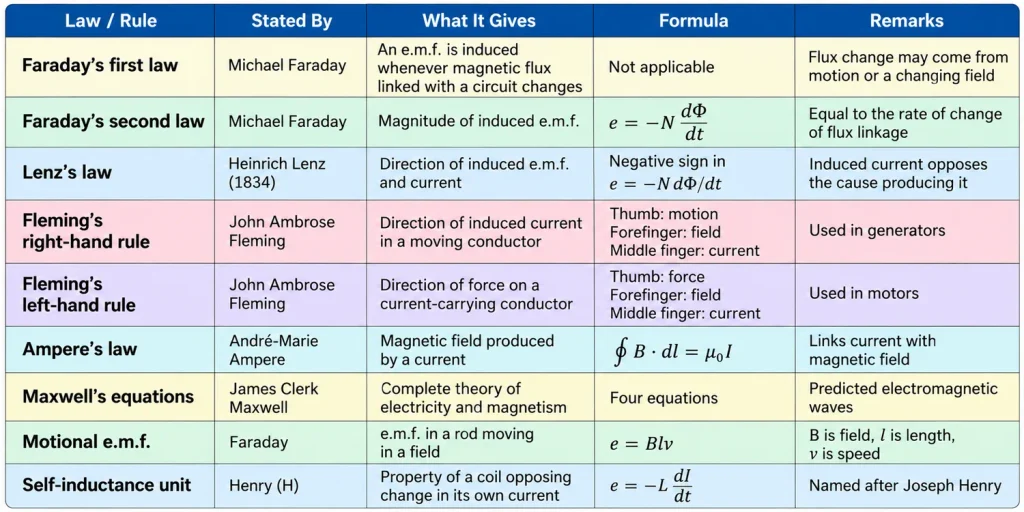 Electromagnetic laws rules table
